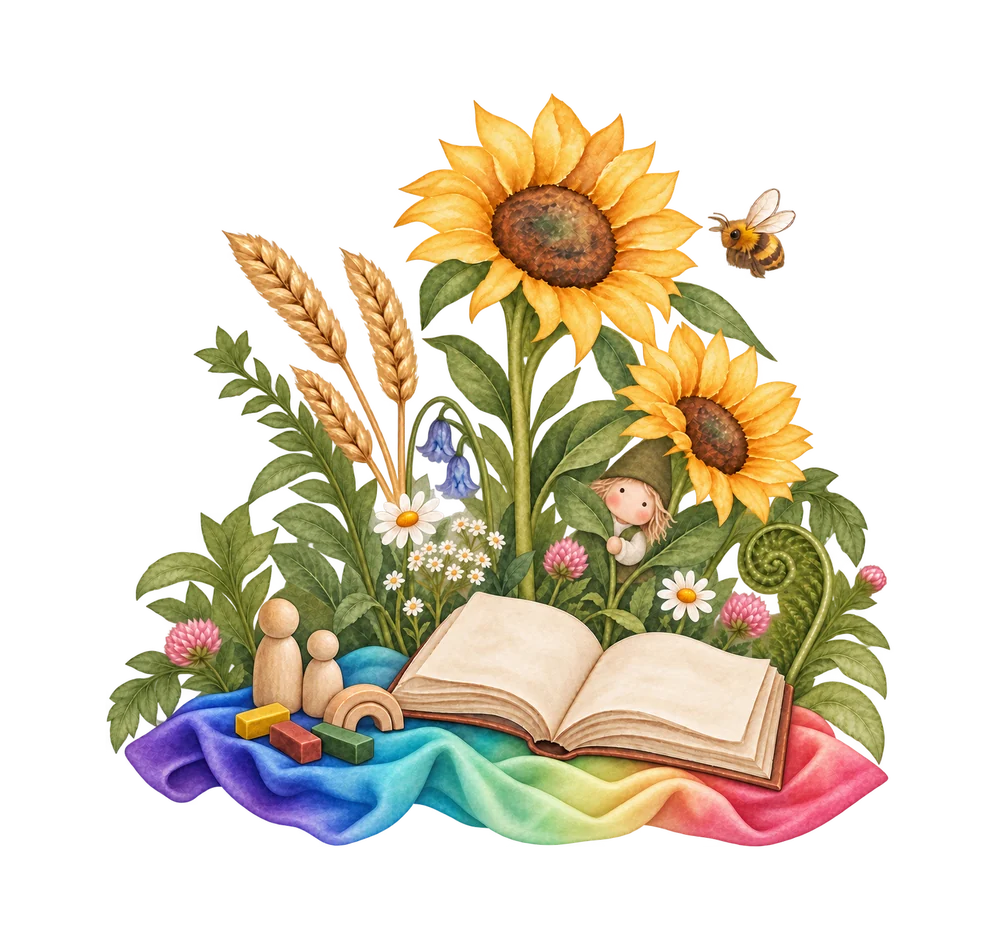 A watercolor garden with two sunflowers, wheat, wildflowers, a little gnome and a bee, and an open storybook resting on a rainbow play silk with wooden peg dolls